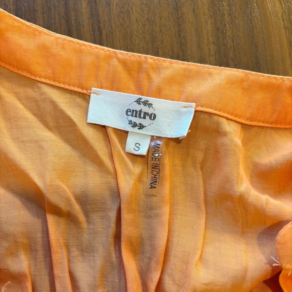 Entro Bright Apricot Orange Puff Sleeve Blouse Button Front Semi Sheer Size S - Picture 4 of 8